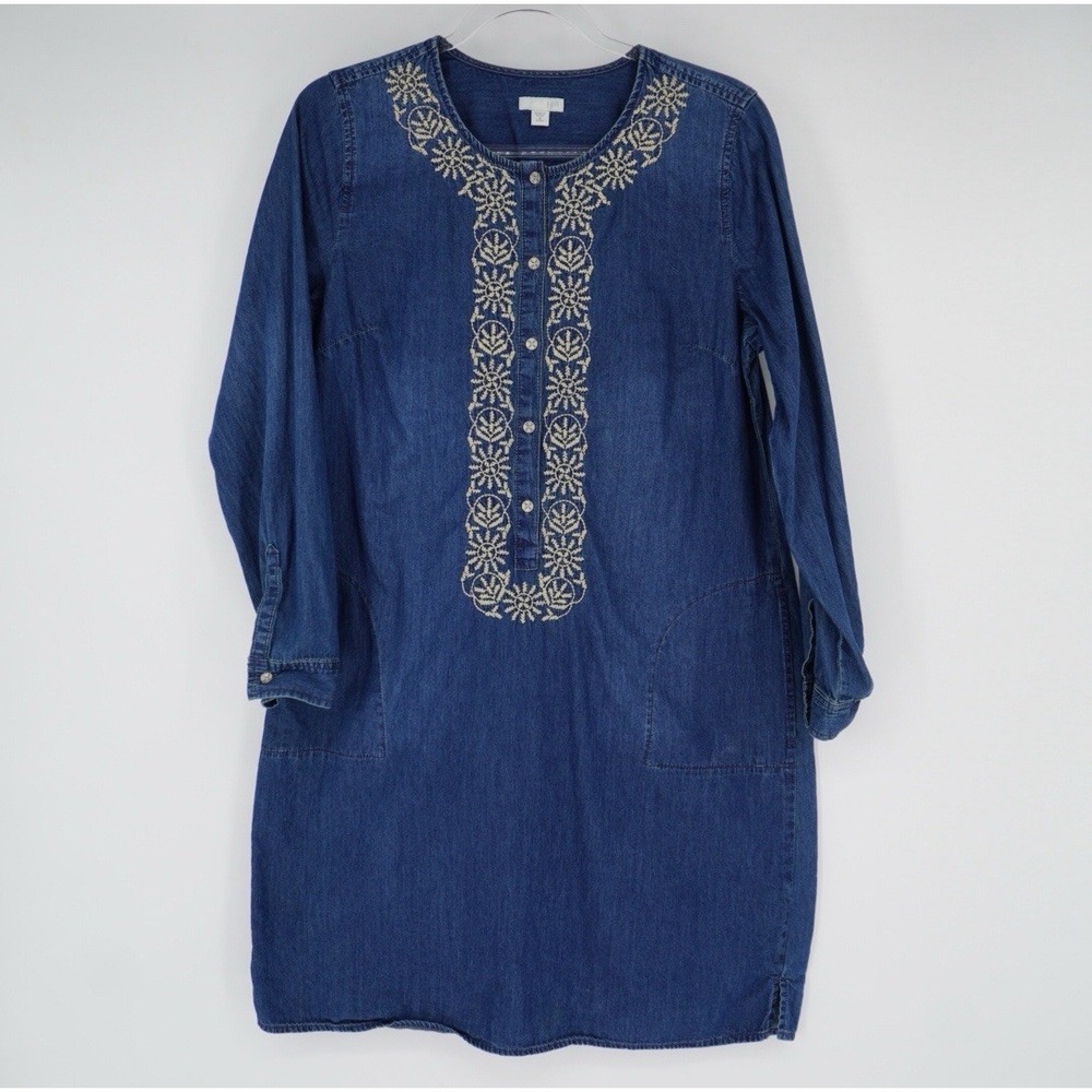 J Jill Dress Womens M Missy Blue Chambray Embroidered Pockets Long Sleeve Shirt